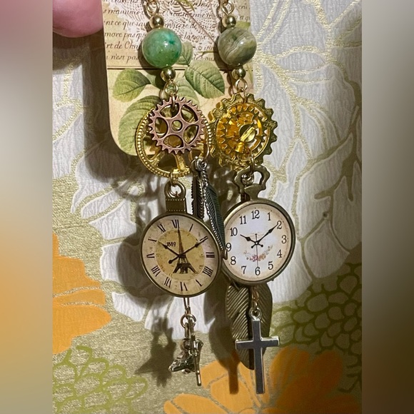 ‘Time Flies’ Clocks, Gears and Feathers Earrings - Picture 3 of 7